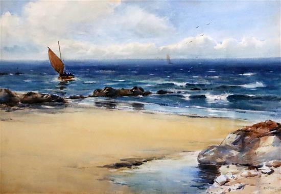 David West (1868-1936) Fishing boat coming in to shore 19 x 29in.